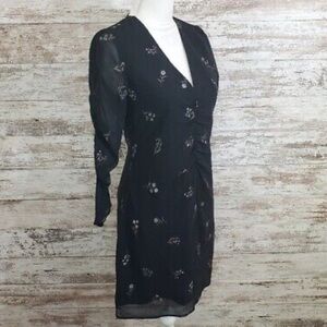 SAM EDELMAN Black Floral Print Long Sleeve V-Neck Gathered A-line Dress